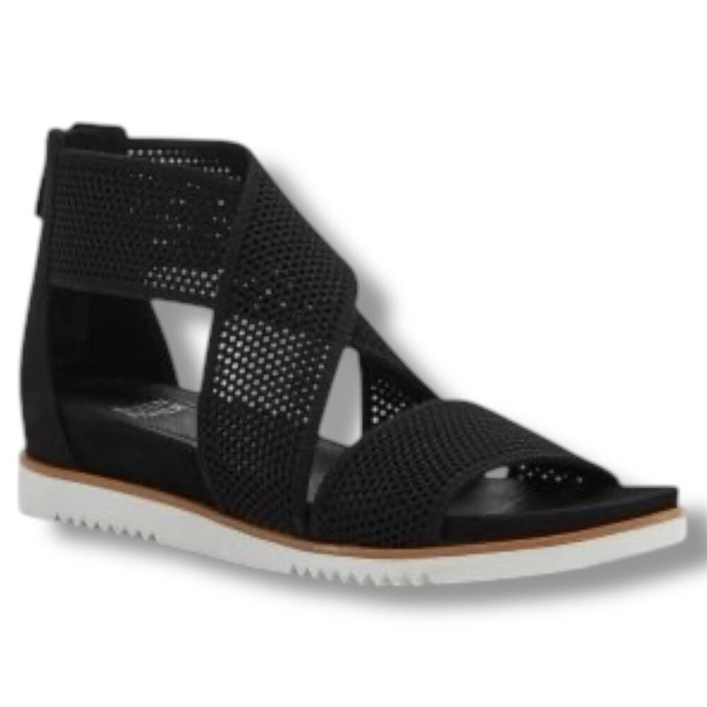 Eileen Fisher Sandals Womens 6 Black Kitts‎ Stretch Knit Back Zip Strappy 440056